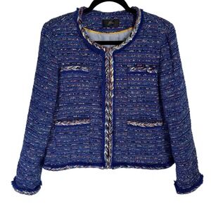 J.Crew Blue Multi Tweed Braided Trim Lady Jacket Blazer Hook Eye Pockets EST. 14